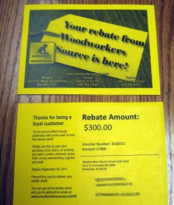 rebate-card Rebate credit voucher from Woodworkers Source