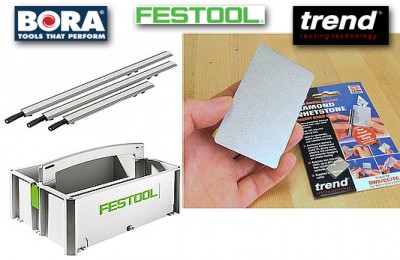 The elected winner among the tables shown below wins this selection of tools; Bora Wide Track Clamp Edge Set, Festool Toolbox, Trend diamond sharpening stone 