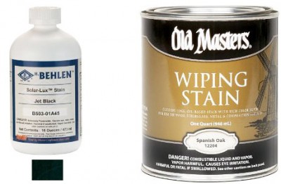 Applying a jet black dye gets the surface wood totally black. It won't raise the grain because it's alcohol based. The Spanish Oak Wiping Stain by Old Masters makes sure the deep pores get colored black. 