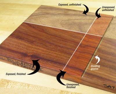 Here's how we conducted the finishing test. The board is divided into sections with a shallow groove, then half of each section is finished. The we placed a 2" wide masking strip across the grain to protect a small control area from light, allowing to compare apples to apples. How does the wood change with exposure to light? Do different finishes protect the color better?