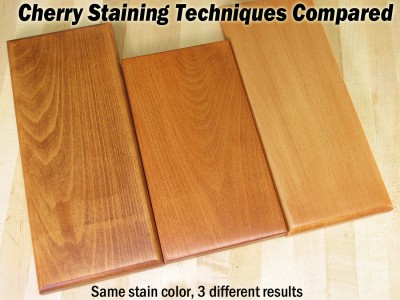 The same cherry colored oil stain is applied to each board - yet there are three drastic results. At left, you can see how blotchy the wood is. A basic penetrating oil stain was applied to the bare wood, sanded to 220 grit. To fix it, try a gel stain (middle). Gel stains give you more predictable coverage. If the color of the gel is too strong, try applying a washcoat of dewaxed shellac or a sealer first (right)