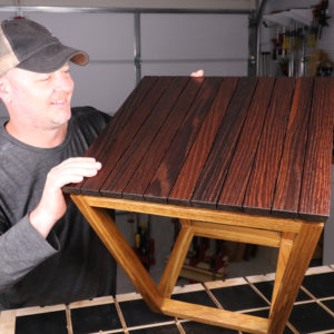 outdoor wood table, roasted oak and white oak